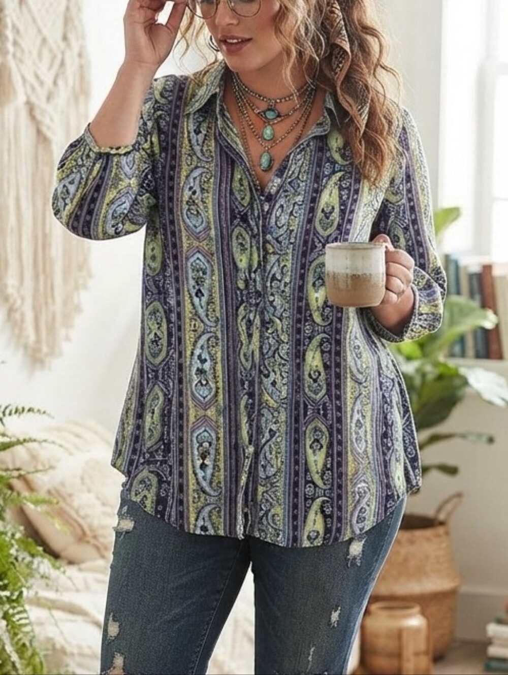 TanJay Paisley Stripe Button Down Shirt Boho Size 18